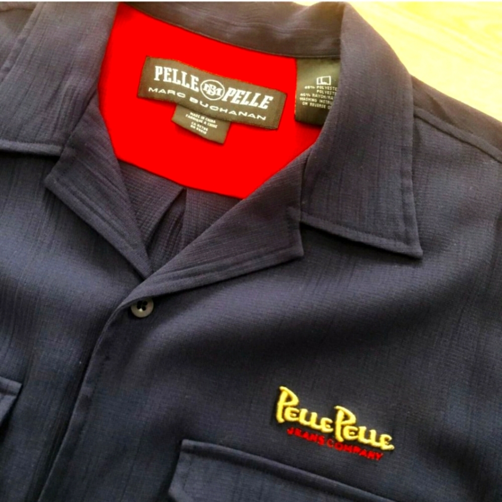 Pelle Pelle Shirt Mens Large L Embroidered Logo Short Sleeve Button Down EUC
